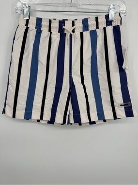 PacSun Kids Vertical Stripe Swim Trunks in White, Navy & Sky Blue